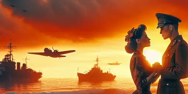 A soldier and a woman share a tense, emotional moment on a war-torn beach during the Pacific War.
