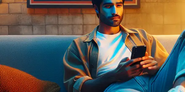 A young man lounges on a couch, using his smartphone in a cozy, bachelor pad setting with playful decor.