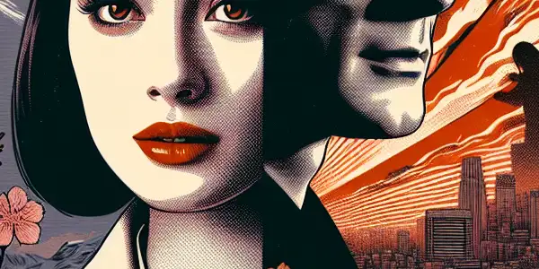 A cinematic poster showcasing Noriko Sakai's evolution from a nostalgic young actress to a mature, provocative figure.