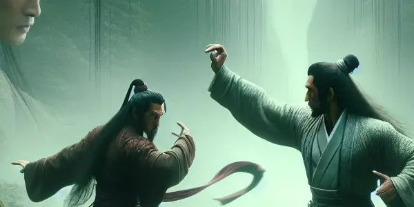 A martial arts duel in a misty forest, featuring intense warriors and a romantic observer.