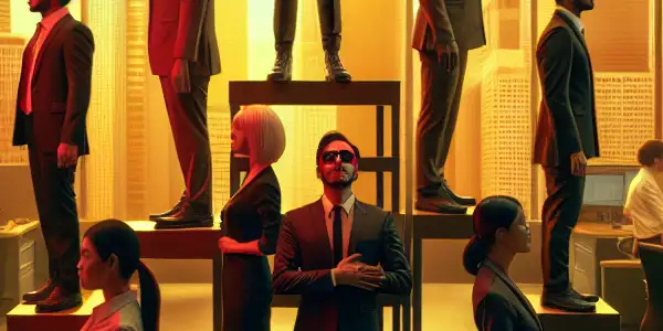 A surreal office scene illustrating power dynamics with characters symbolizing different levels of the food chain.