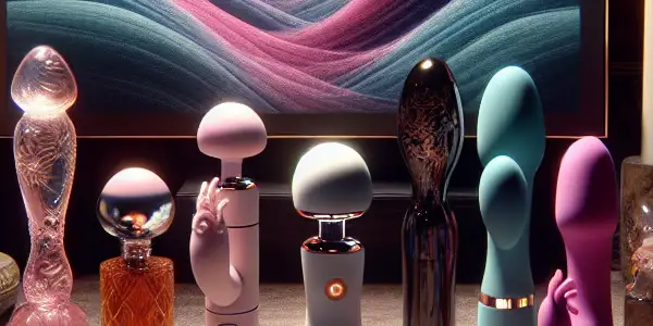 A sophisticated, intimate setting featuring high-quality adult toys and a tasteful display of adult film culture.