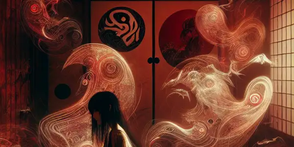 A mysterious woman in a dimly lit Japanese room, surrounded by ethereal symbols and soft lantern light.