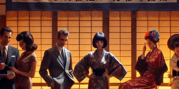 A vibrant retro film studio scene showcasing diverse actors from the mid-20th century Japanese AV cinema.