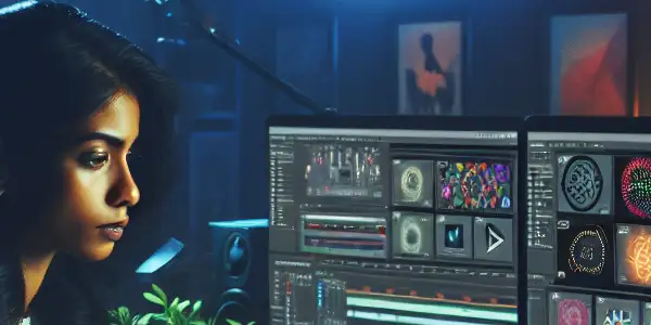 A focused multimedia content creator in a high-tech home office, surrounded by audio equipment and adult film visuals.