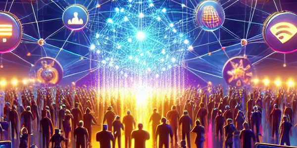 A vibrant digital landscape showcasing diverse characters enjoying adult content through advanced technology in a futuristic setting.