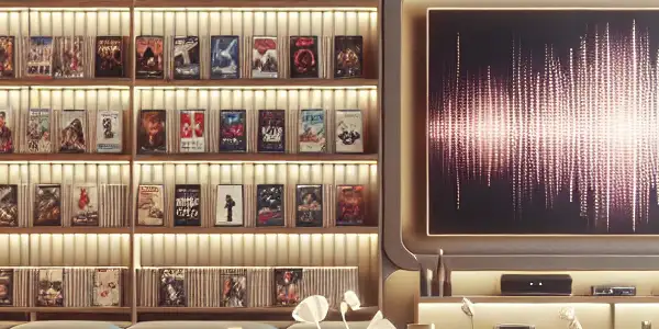 A modern adult entertainment library featuring organized shelves of diverse films and a cozy lounge area for viewing.