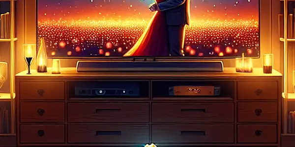 Cozy modern living room featuring a high-definition TV displaying a romantic couple, surrounded by adult entertainment elements.