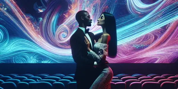 A vibrant, neon-lit adult cinema scene featuring a stylish couple in a playful, intimate moment surrounded by swirling light patterns.
