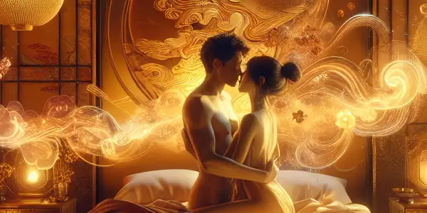 A diverse couple embraces in a luxurious, intimate bedroom, surrounded by glowing particles and elegant Japanese decor.