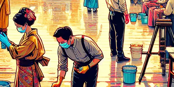 A professional film set showcasing hygiene practices in Japanese adult films, featuring health checks and safety protocols.