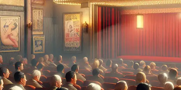 A vintage movie theater scene with a diverse audience captivated by a classic adult film, highlighting cultural exchange.