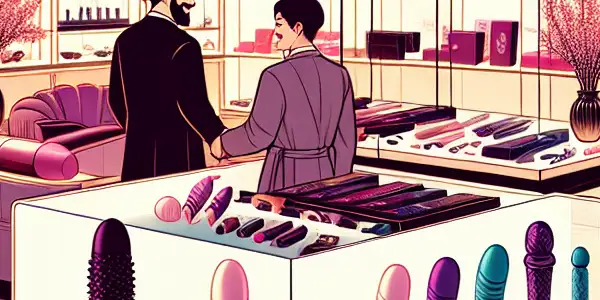 A stylish adult toy store interior featuring elegant vibrators, cozy lighting, and a couple exploring products together.