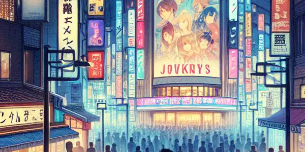 A vibrant Tokyo street at night, alive with neon lights and adult film posters, showcasing a blend of culture and romance.