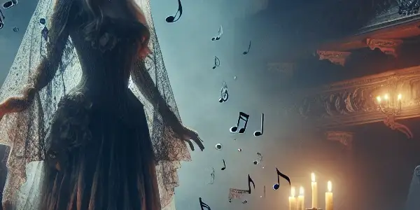 A ghostly opera singer in a dimly lit theater, surrounded by shadowy figures and floating musical notes.