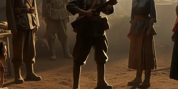 Chinese villagers prepare a trap in a WWII battlefield, embodying resilience and determination against invading forces.