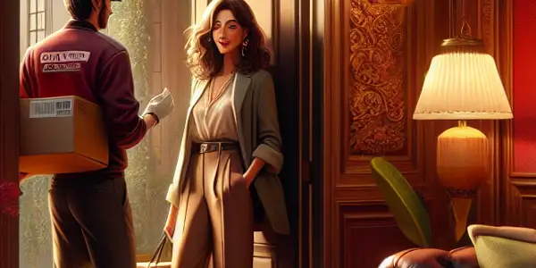 A cozy urban apartment scene with a playful woman and a delivery person, radiating romance and allure.<a href=