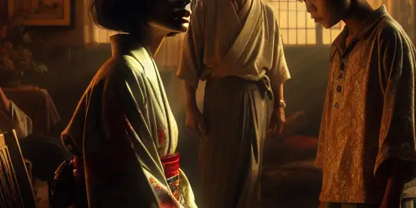 A mother and young adult share an intimate, emotionally charged moment in a cozy, dimly lit living room.