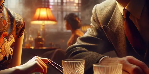 A tense, intimate moment between a woman in a cheongsam and a man in a suit in 1940s Shanghai.