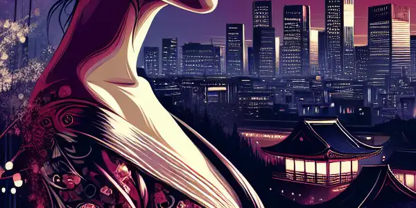 A confident woman poses against a neon-lit Tokyo skyline, surrounded by cherry blossoms and traditional architecture.<a href=