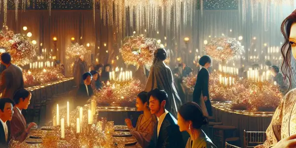 A lavish wedding banquet scene featuring a bride in a traditional kimono and a flirtatious guest amidst intrigued attendees.